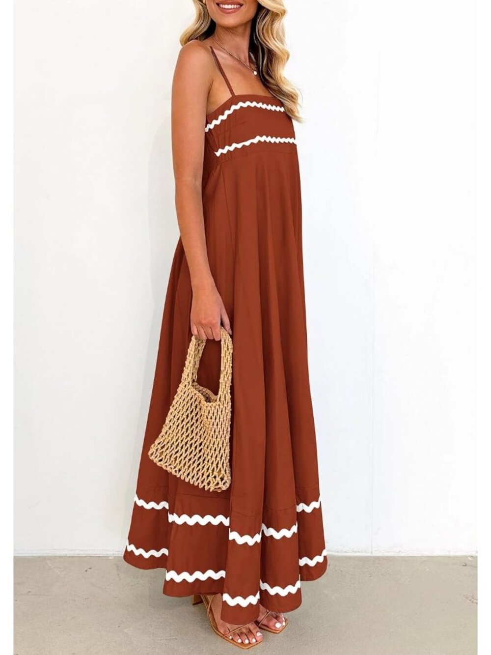 Women's Brown White Sleeveless Square Neck High Waist Pocket Maxi Dress - Picture 3 of 6